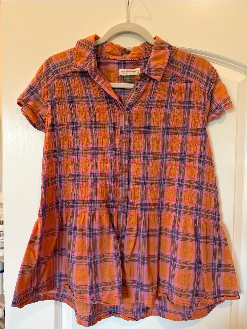 Anthropologie Orange & Pink Plaid Button-Down Peplum Top
